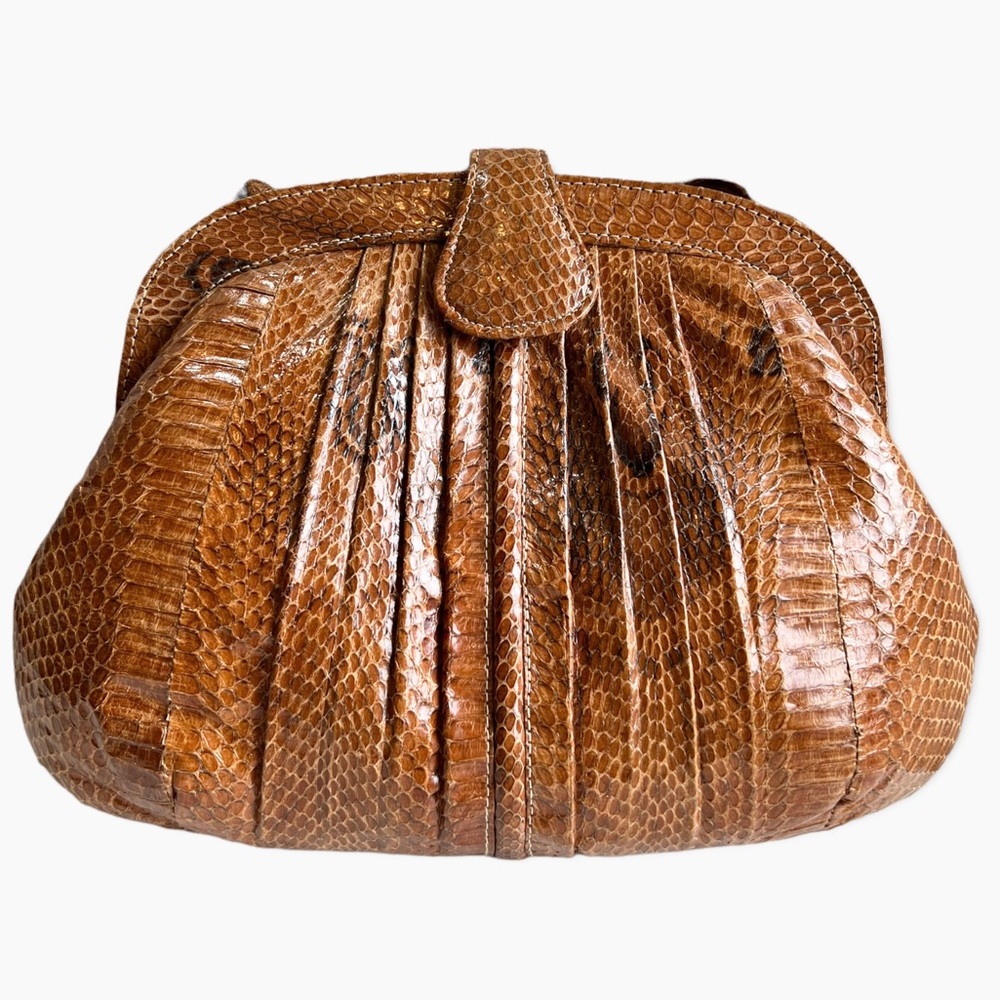 Vintage Python Snakeskin Pleated Front Brown Bag - image 7